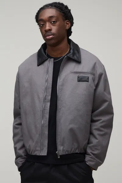 Oversized Boxy Contrast PU Collar Twill Worker Jacket