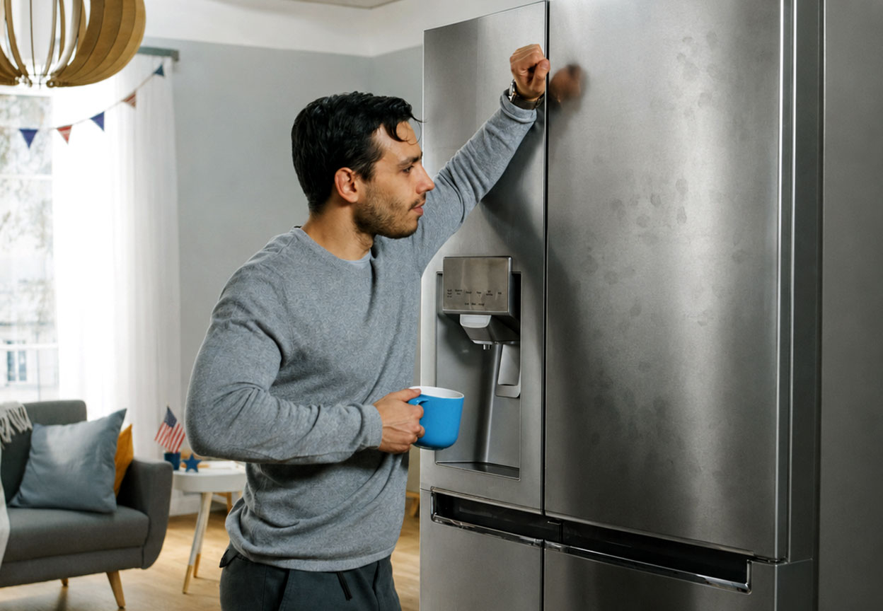 A man fills a mug from a stainless steel refrigerator with visible fingerprints on the door