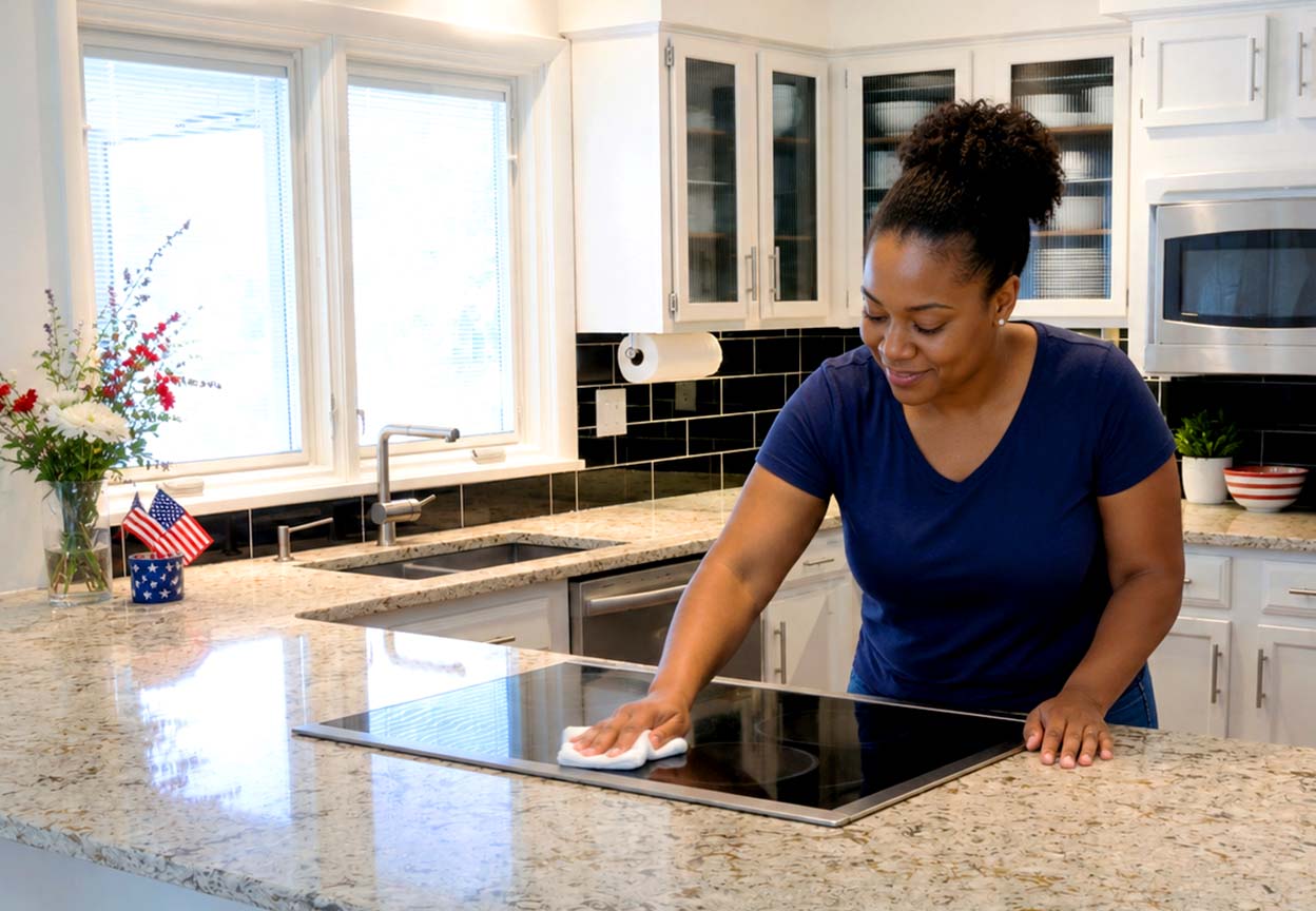 A woman wipes a glass cooktop in a bright kitchen with subtle Fourth of July accents