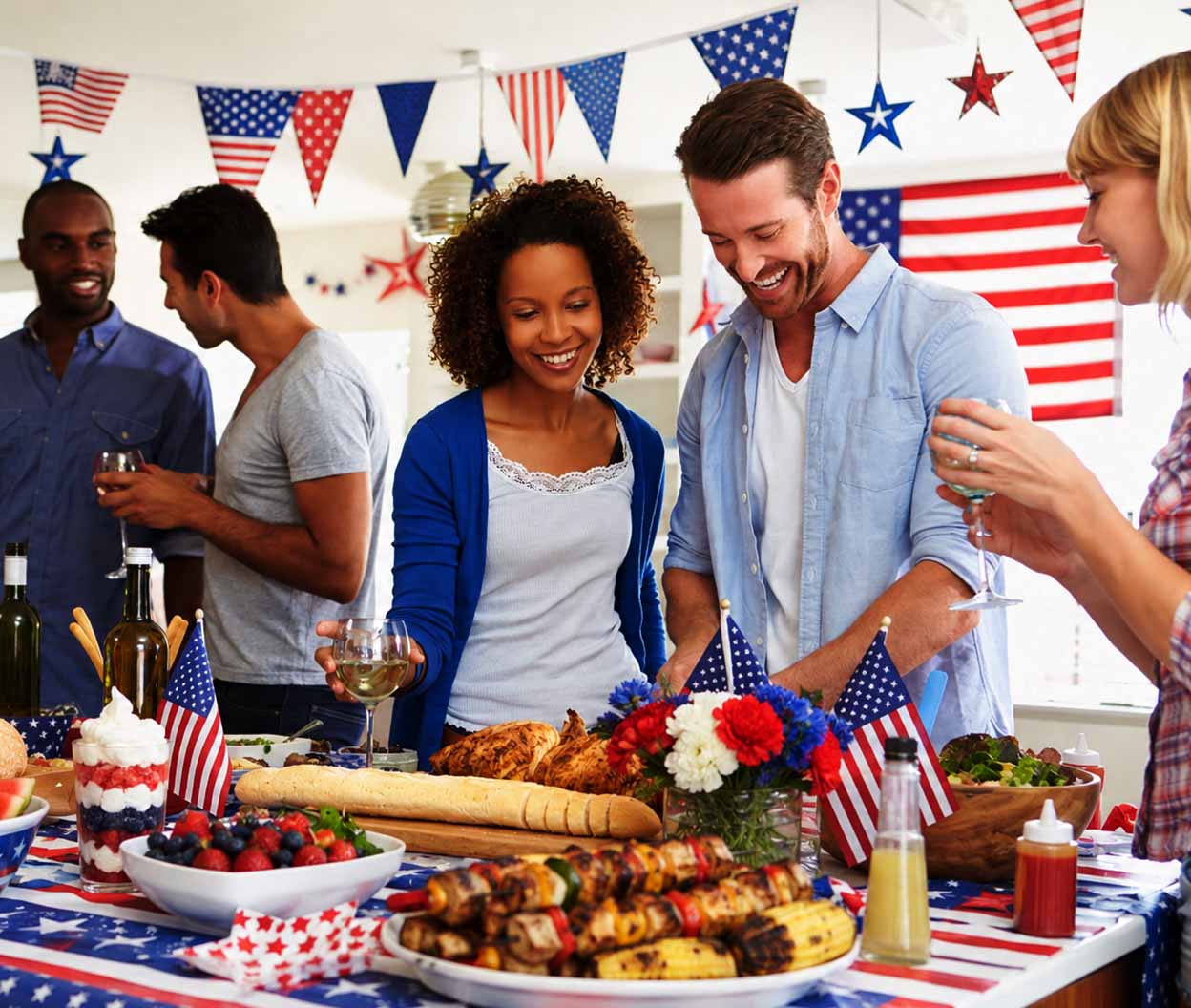 Friends gather around a Fourth of July table with grilled food, drinks and patriotic decorations