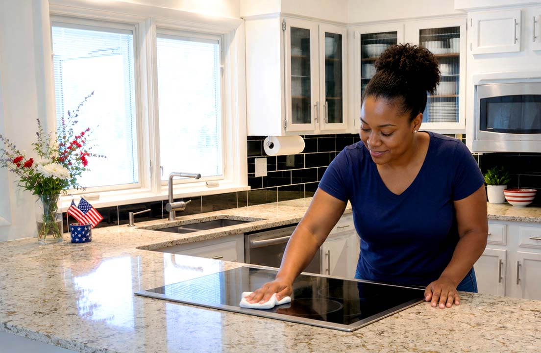 A woman wipes a glass cooktop in a bright kitchen with subtle Fourth of July accents
