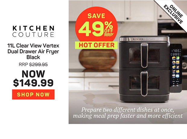 Kitchen Couture 11L Clear View Vertex Dual Drawer Air Fryer Black
