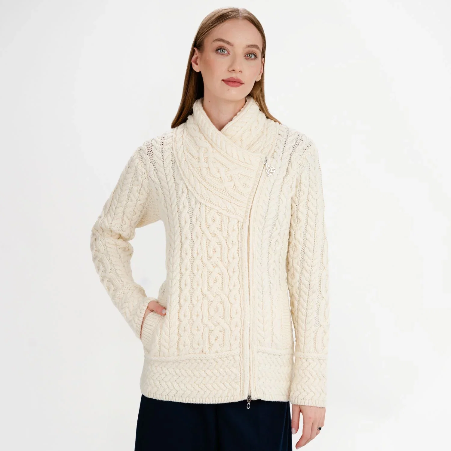 Image of Women's Cable Pattern Side Zip Aran Cardigan, Natural