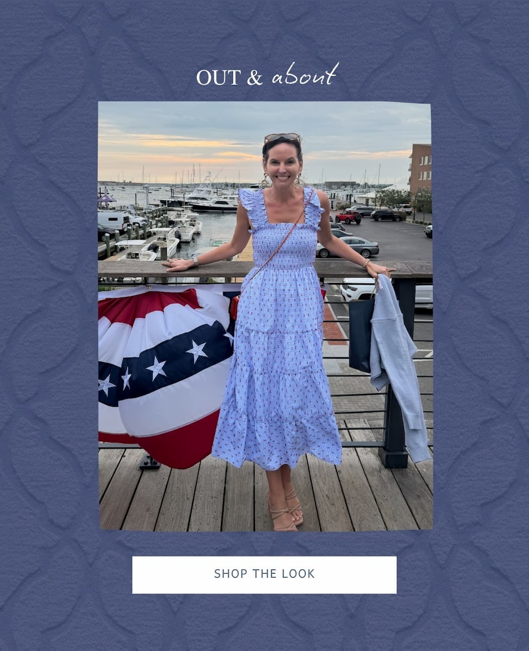 Woman wearing a Blue Gingham Embroidered Midi Dress. Shop the Look.