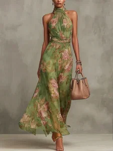 Image of Elegant Floral Printing Halter Maxi Dress
