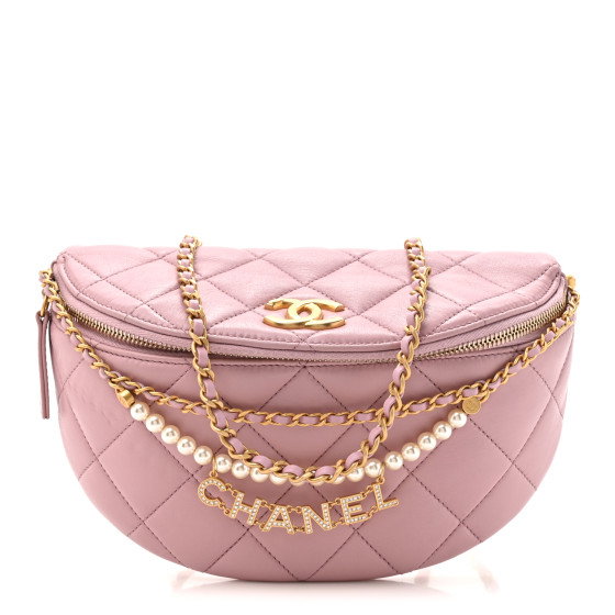 CHANEL Shiny Lambskin Quilted Pearl Logo Waist Bag Light Pink