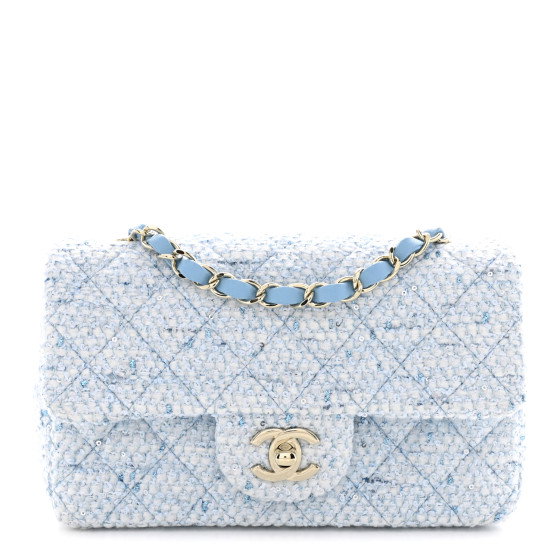 CHANEL Tweed Quilted Mini Rectangular Flap Blue White Silver