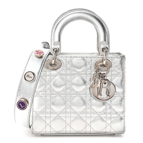 CHRISTIAN DIOR Metallic Grained Calfskin Cannage Small My ABCDior Lady Dior Silver