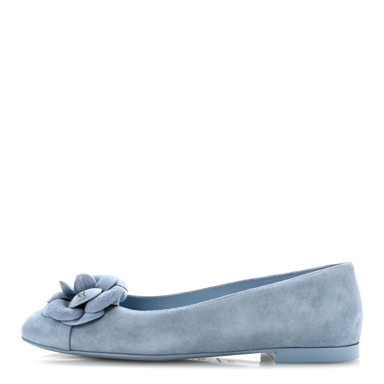 CHANEL Suede Cap Toe Camellia Ballerina Flats 36.5 Light Blue