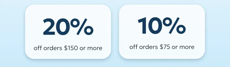 20% off orders €150+, 10% off orders €75+