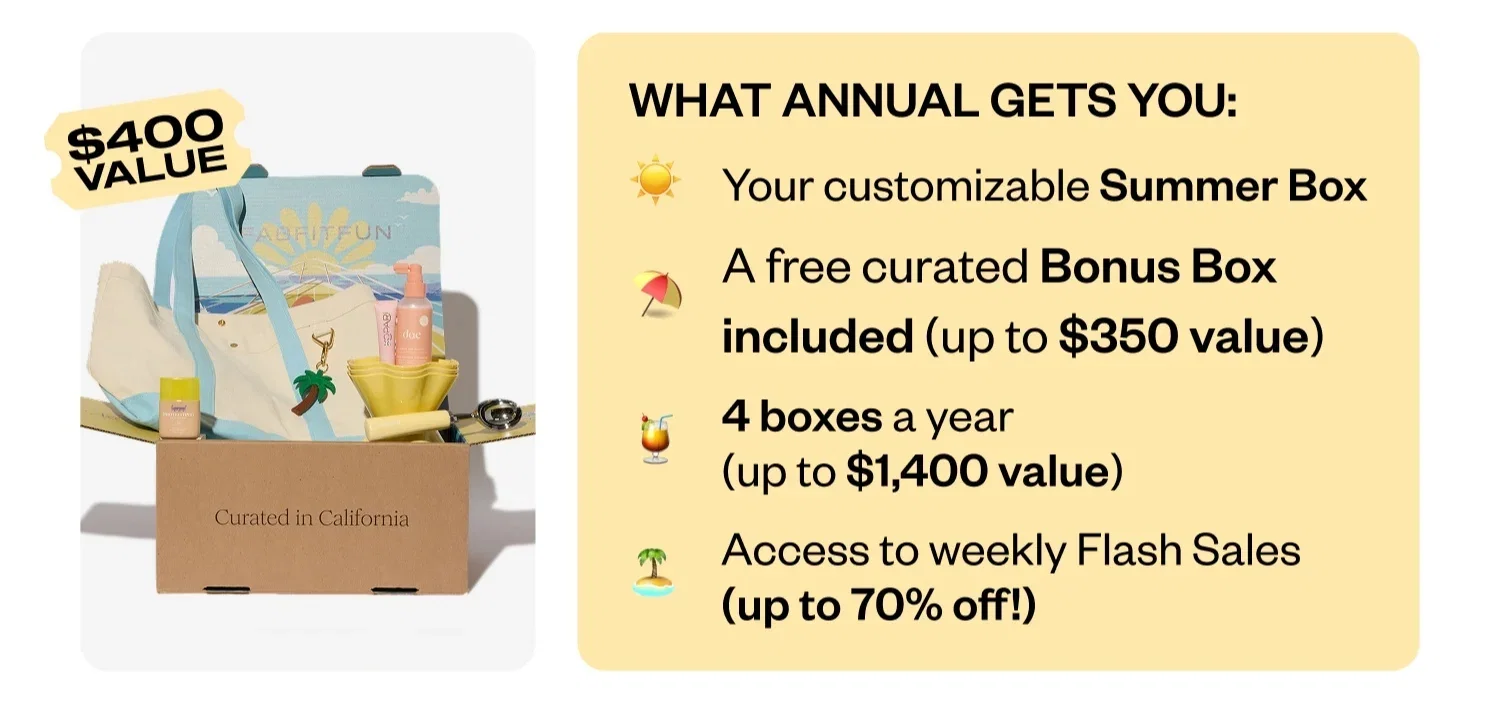 WHAT ANNUAL GETS YOU: Your customizable Summer Box | A free curated Bonus Box included (up to $350 value) | 4 boxes a year (up to $1,400 value) | Access to weekly Flash Sales (up to 70% off!)