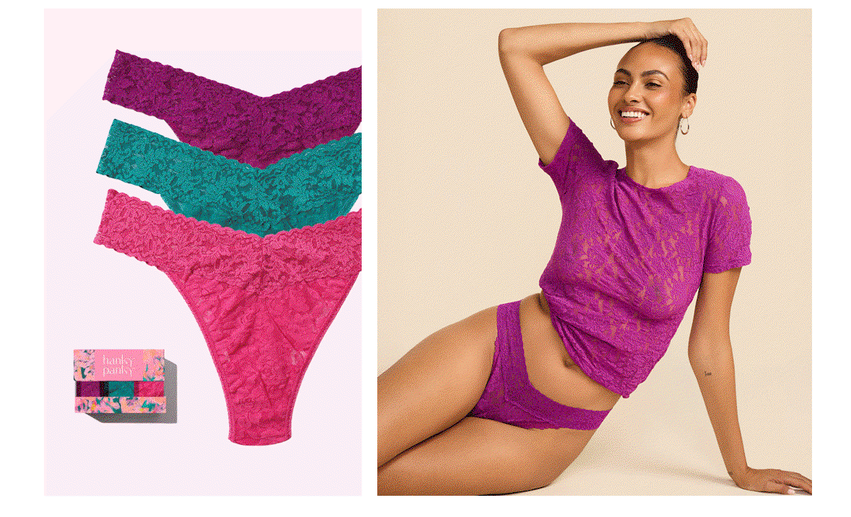 3 Pack Signature Lace® Original Rise Thongs In Printed Box Boysenberry Purple/Dark Teal/Dragon Fruit Pink