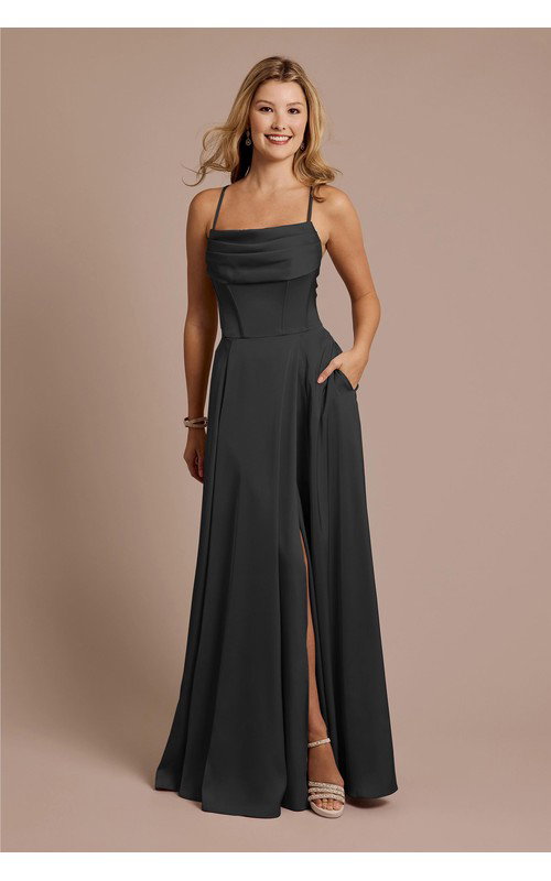 Matte Satin Cowl Neck Spaghetti Strap A-Line Dress