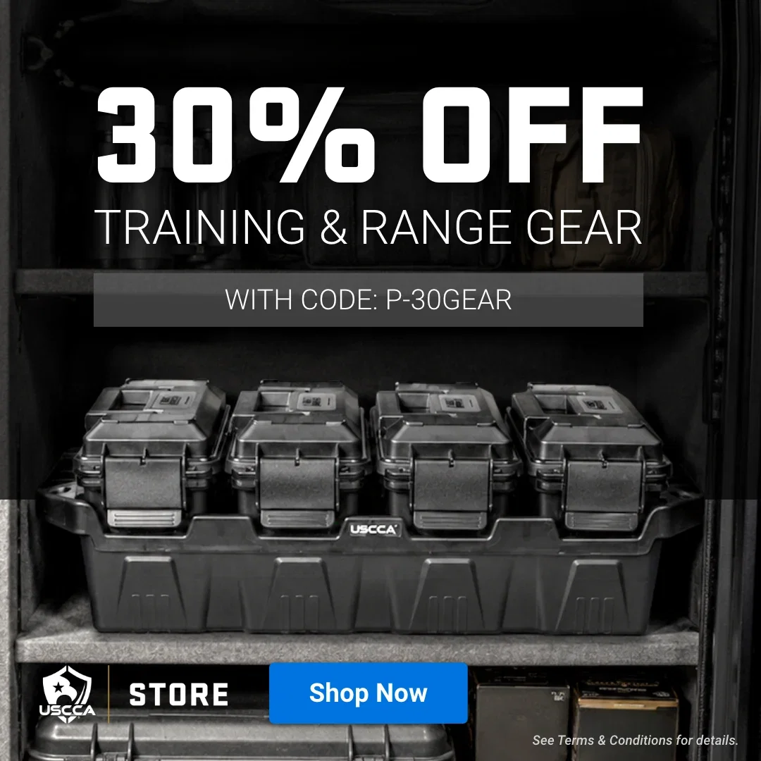 USCCA® Store banner ad promoting 30% OFF Training & Range Gear with code P-30GEAR