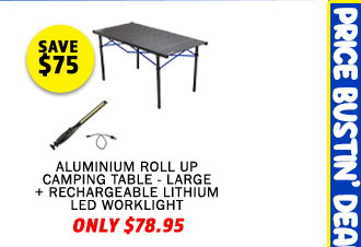 Aluminium Roll Up Camping Table - Large + Rechargeable Lithium LED Worklight
