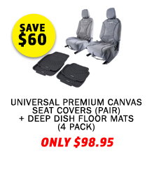 Universal Premium Canvas Seat Covers (Pair) + Deep Dish Floor Mats (4 Pack)