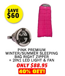 Pink Premium Winter/Summer Sleeping Bag Right Zipper + 2in1 LED Light & Fan