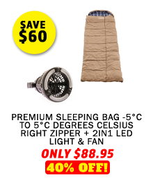 Premium Sleeping bag -5°C to 5°C Degrees Celsius Right Zipper + 2in1 LED Light & Fan