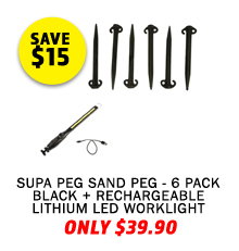 Supa Peg Sand Peg - 6 Pack Black + Rechargeable Lithium LED Worklight