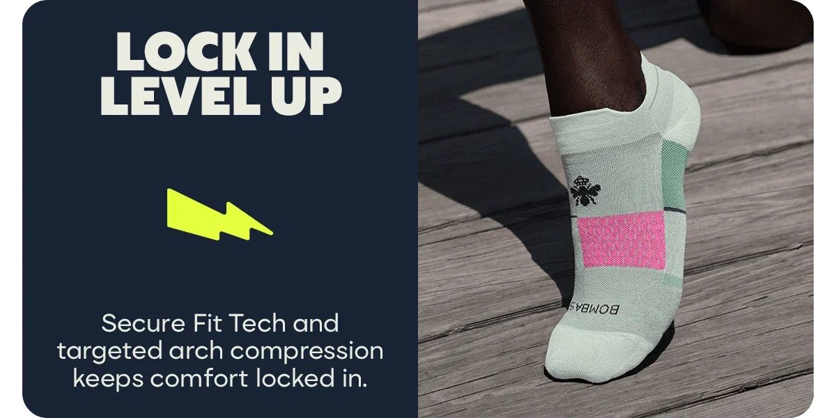 LOCK IN LEVEL UP. Secure Fit Tech and targeted arch compression keeps comfort locked in.