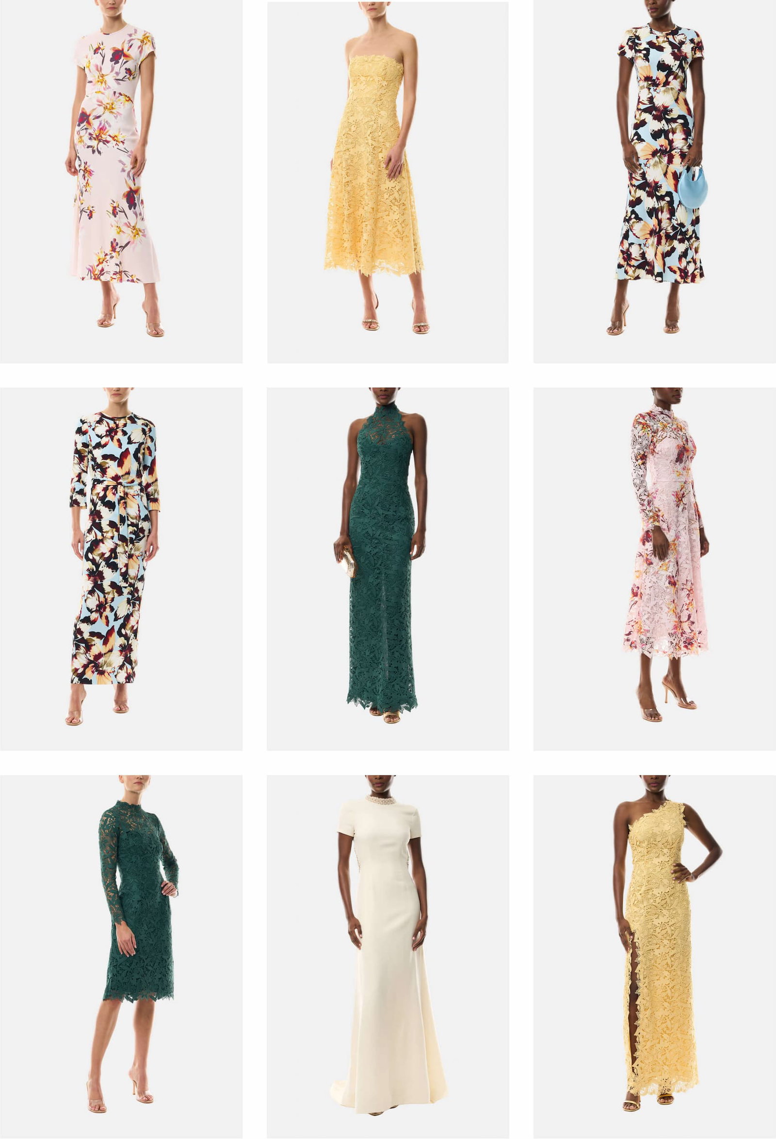 Floral printed and lace dresses in pinks, yellows and greens.