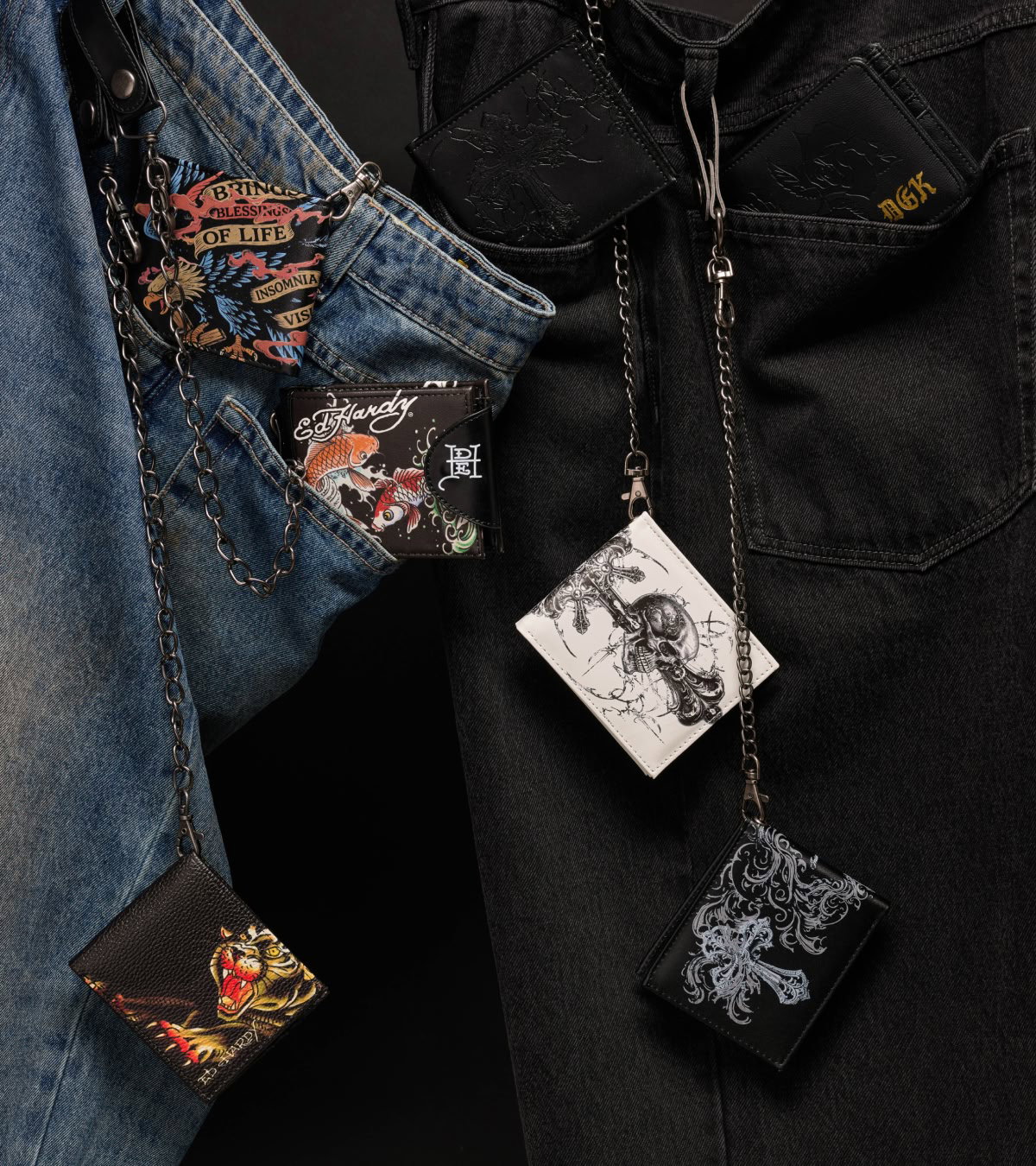 Shop all wallets, featuring chain wallets and studded styles from Ed Hardy and Insomnia Visuals