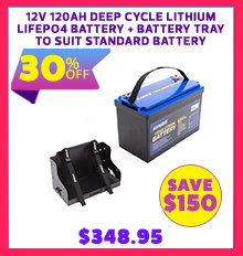 12V 120Ah Deep Cycle Lithium LiFePO4 Battery + Battery Tray To Suit Standard Battery