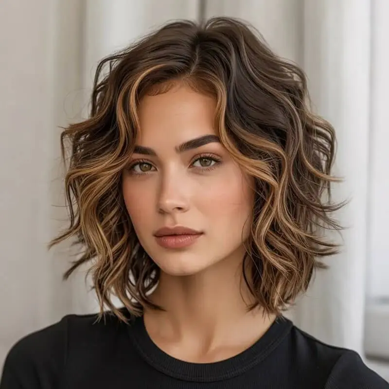 Brown with Caramel Highlight Short Curly Bob Wig Wear and Go Glueless Human Hair Wig