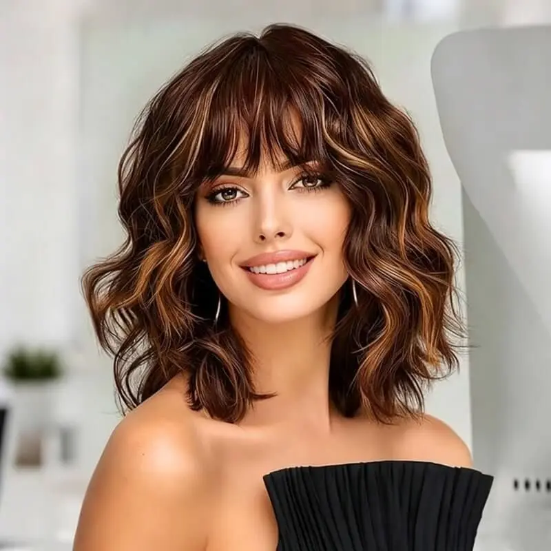 Brown Highlights Balayage Short Body Wave Wig Bob Wigs With Bangs Glueless Wear And Go Shoulder Length Human Hair Wigs