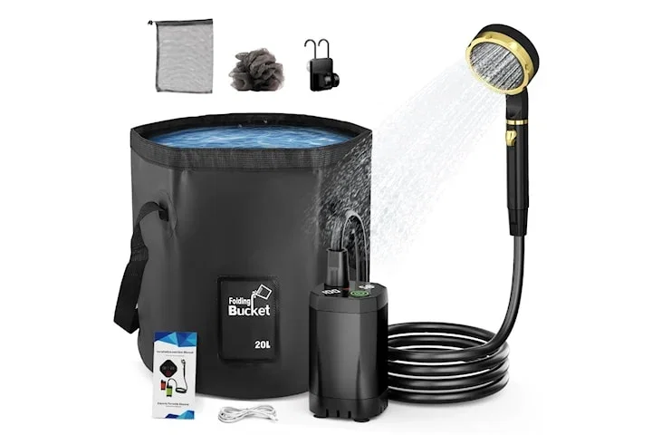 Bärbar campingdusch 7800mAh med 20L vattenpåse - Uppladdningsbar pump för friluftsliv - Hopfällbar och lätt att packa - För resa och trädgård