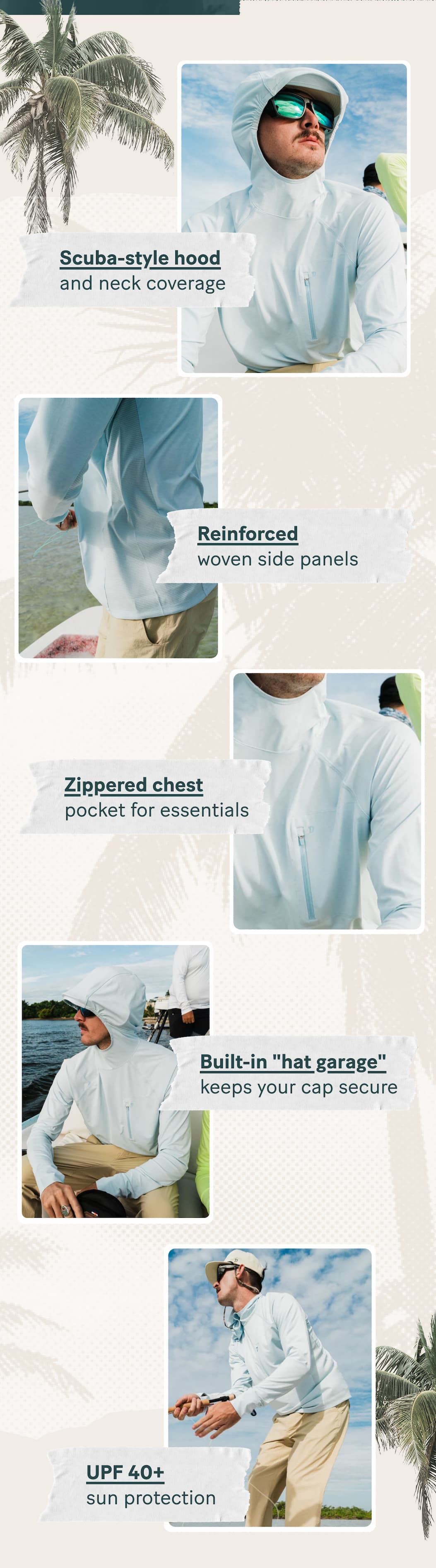 Scuba-style hood and neck coverage  |  Built-in "hat garage" keeps your cap secure  |  Reinforced woven side panels  |  Zippered chest pocket for essentials  |  Thumb loops for extended coverage  |  brrr® cooling technology  |  UPF 40+ sun protection   