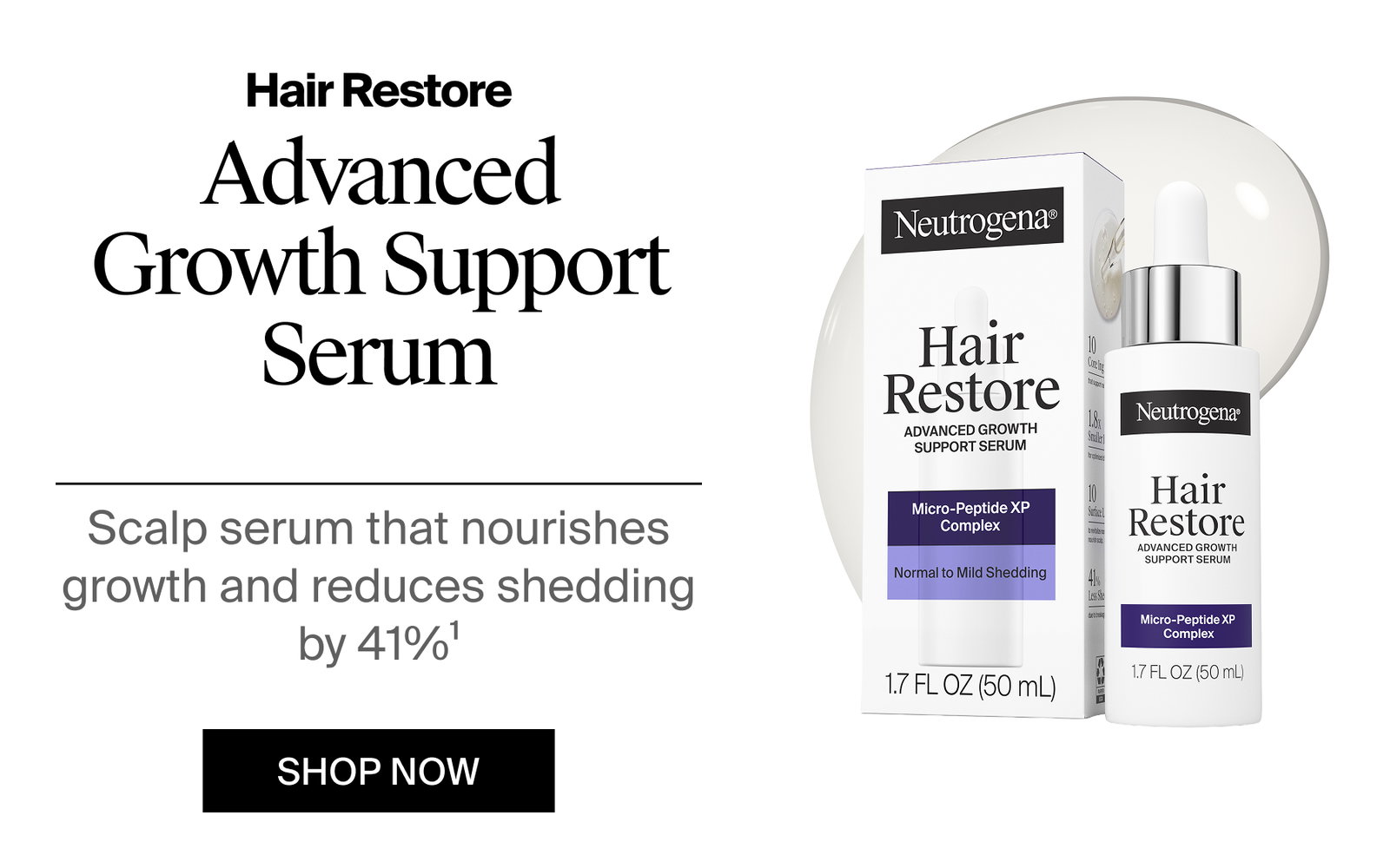 Neutrogena® Hair Restore Advanced Growth Support Serum out of box and front of pack with texture swatch