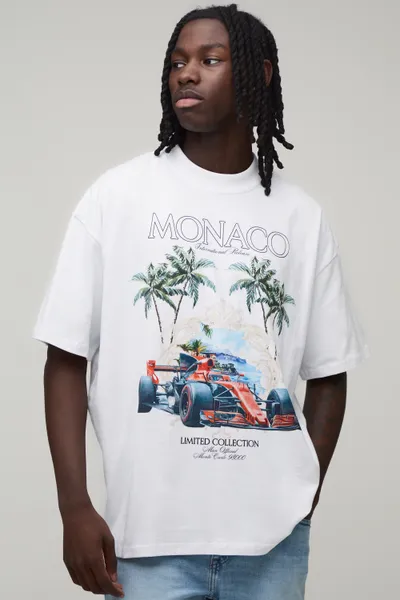 White Oversized Monaco Racing Print T-Shirt