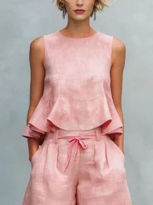 Image of Cotton Casual Solid Relaxed Plain Peplum Sleeveless Blouse