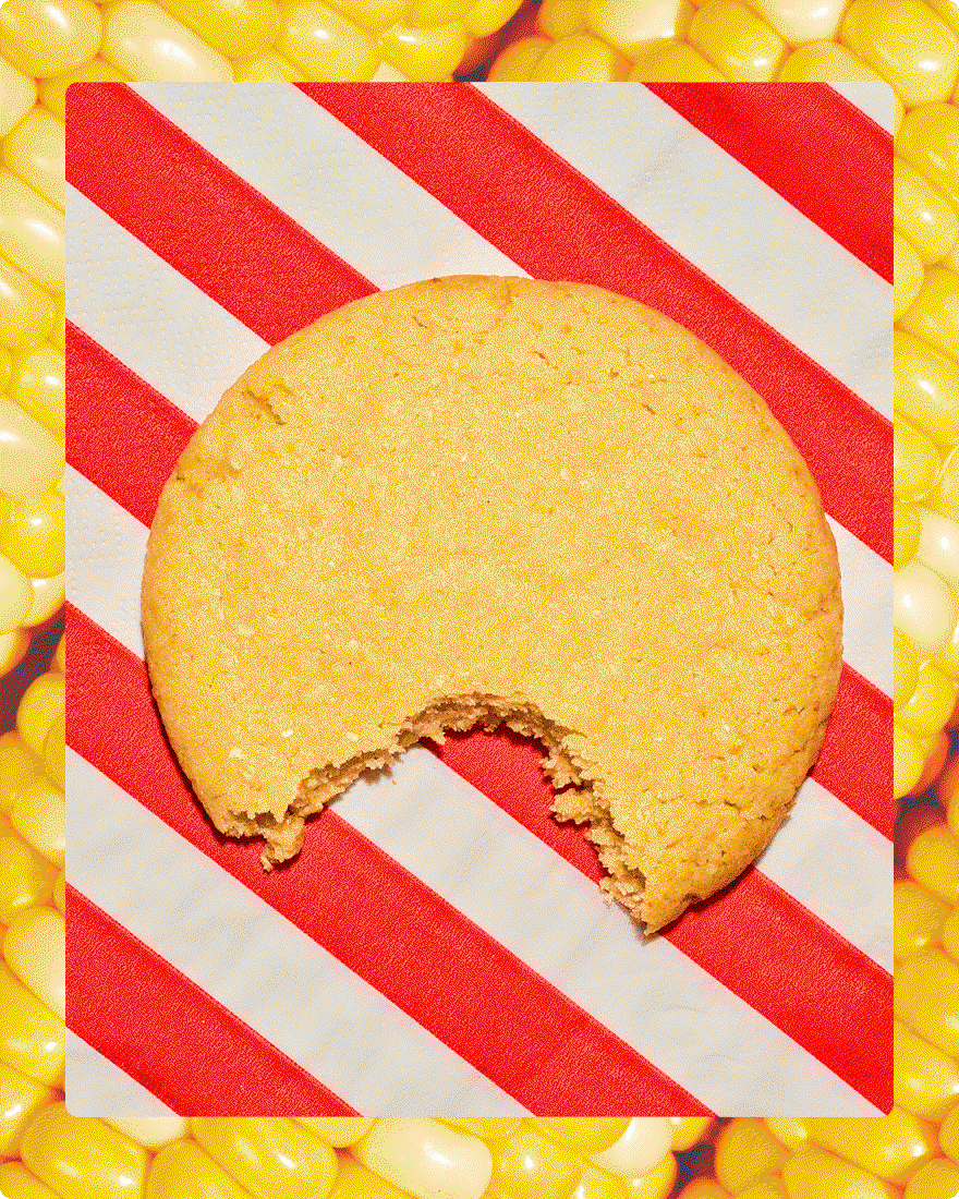 GIF cycling through a Corn Cookie held by a person, resting on a red-and-white pool float in blue water, close up on a red-and-white striped surface, and shown in packaging on a red-and-white striped surface, all framed by a macro corn-on-the-cob background.