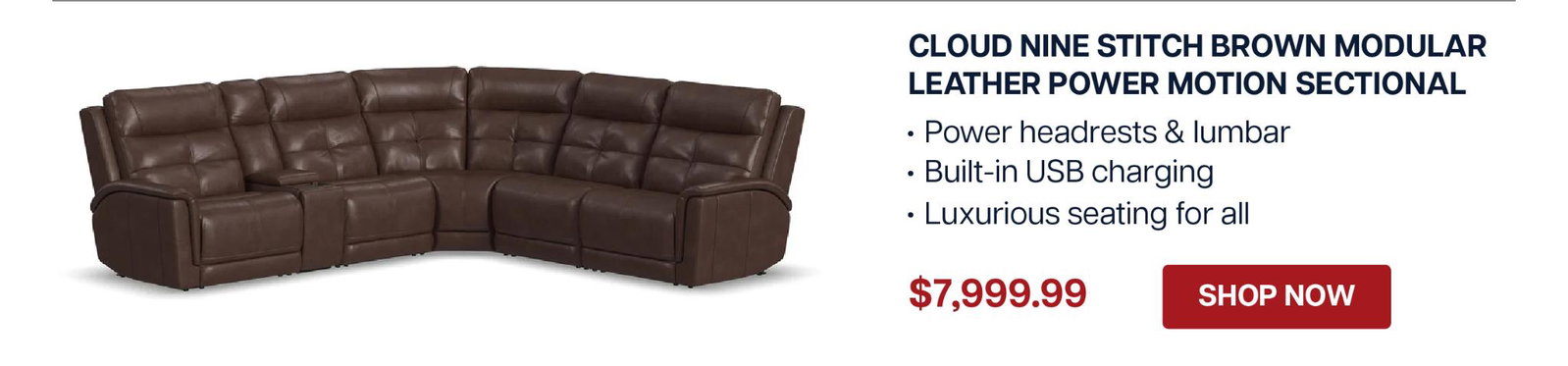 Cloud Nine Stitch Brown Modular Leather Power Motion Sectional