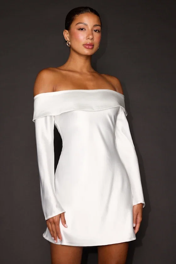 Image of Luxurious Vision White Satin Off-the-Shoulder Mini Dress