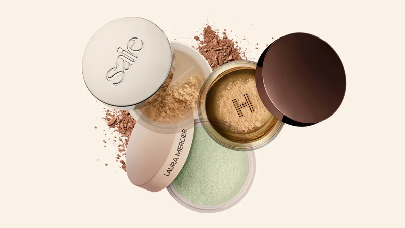 Image contains a collage of the best setting powders for mature skin on a beige background