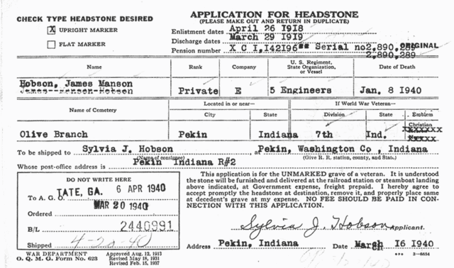 Black and white military headstone medallion application form for WWII veteran James Manson Hobson, filled out by Sylvia J. Hobson in 1940—an invaluable resource for ancestry research and genealogy enthusiasts.