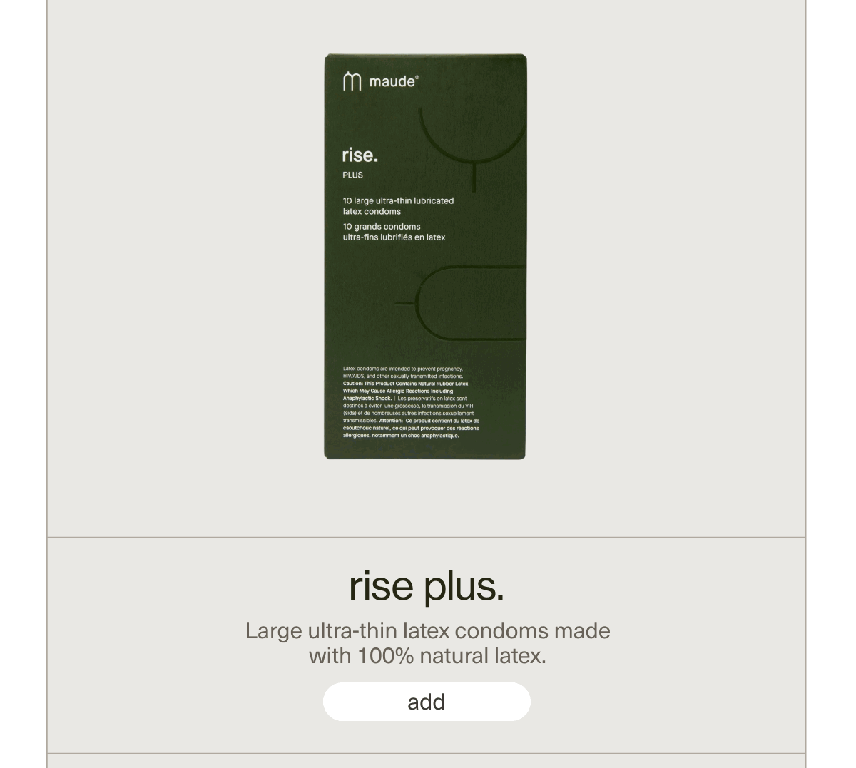 rise plus. | Large ultra-thin latex condoms made with 100% natural latex. | [ add ]