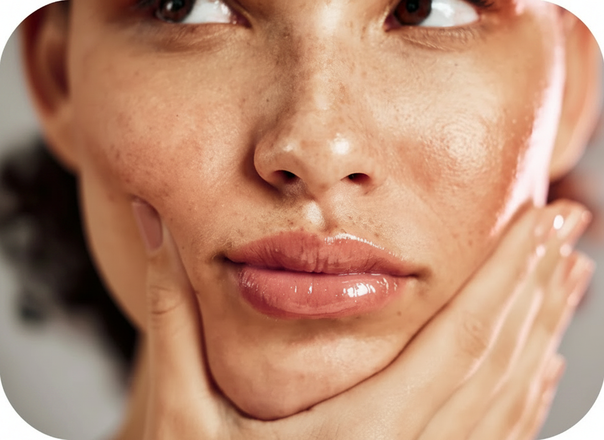Close-up of a person's face with dewy skin and glossy lips.