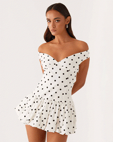 Endless Romance Off Shoulder Mini Dress - White Polka Dot