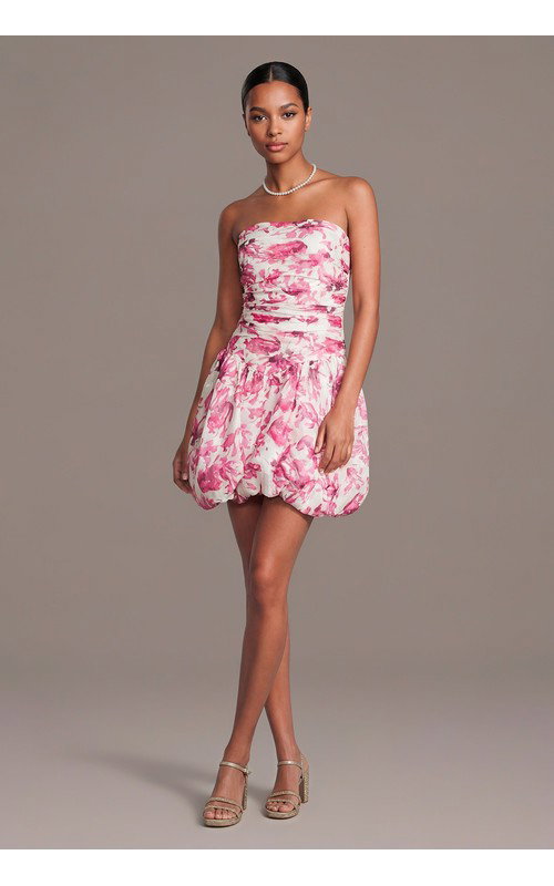 Strapless Floral Print Bubble Hem Mini Dress