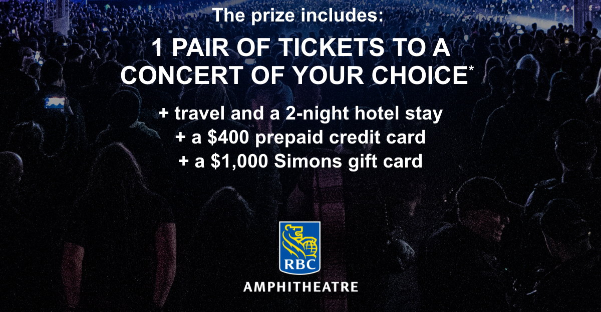 The prize includes: 1 pair of tickets to a concert of your choice*  + travel and a 2-night hotel stay + a $400 prepaid credit card + a $1,000 Simons gift card
