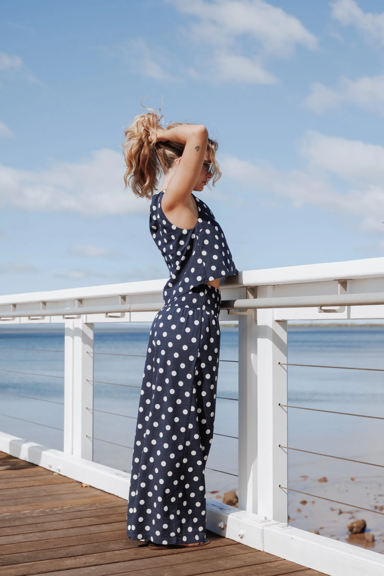 Image of Jillian Smocked Pant Set - Navy Polka Dot