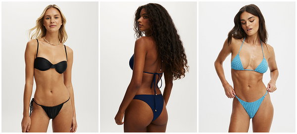Three women modeling different bikini styles in black, navy, and blue colors