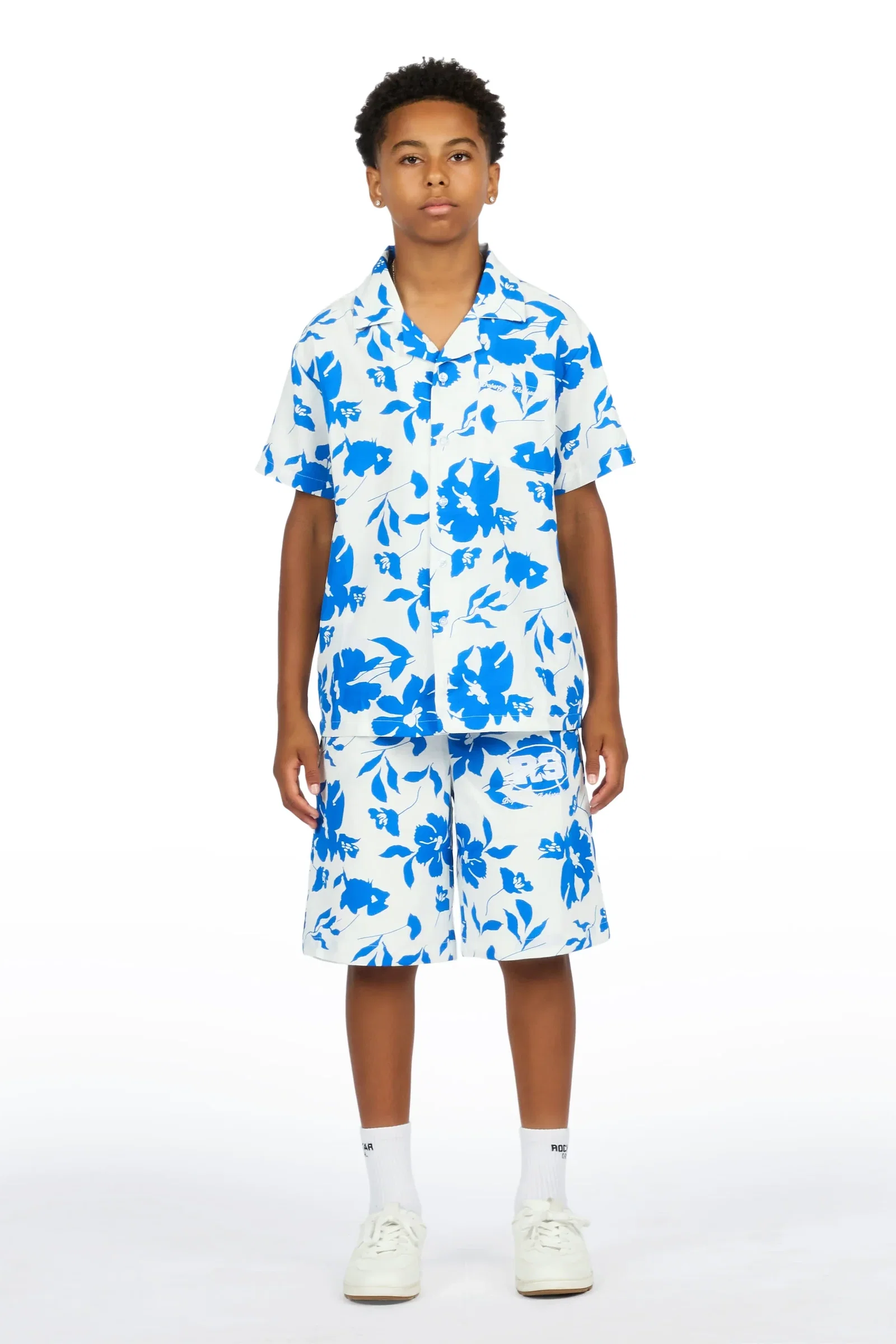Image of Boys Puka Blue/Cream Button Down Shirt/Short Set