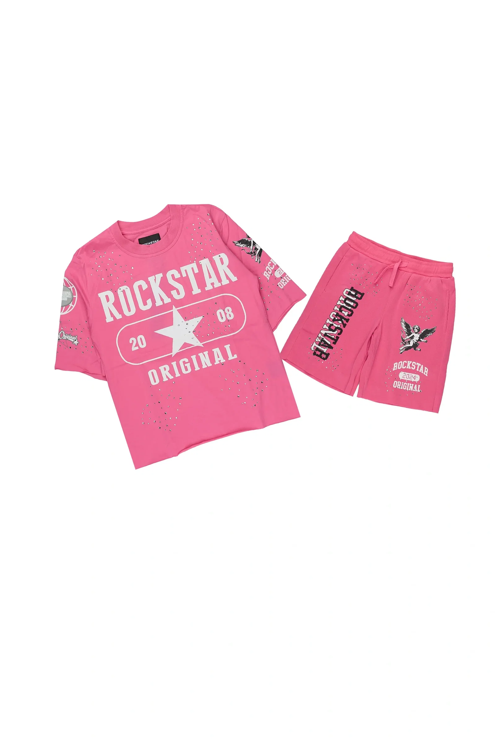 Image of Girls Kyesha Hot Pink Rhinestone Boxy T-Shirt Short Set