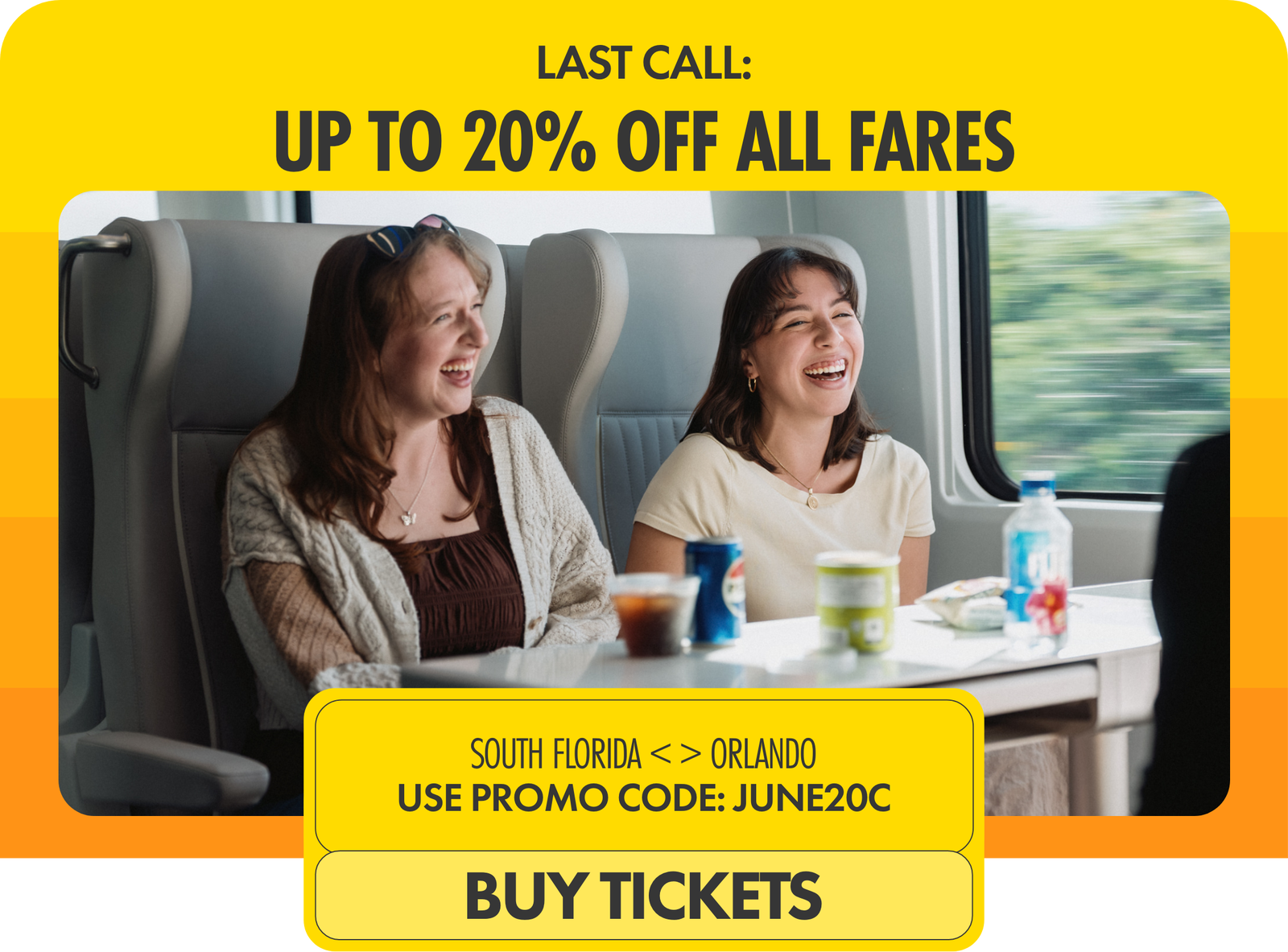 Promotional graphic advertising discounted train fares features two seated passengers traveling on a modern train. The women sit at a table with drinks and snacks while scenery passes by outside the window.