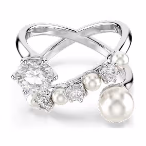 Matrix cocktail ring, Crystal pearl, Round cut, White, Rhodium plated